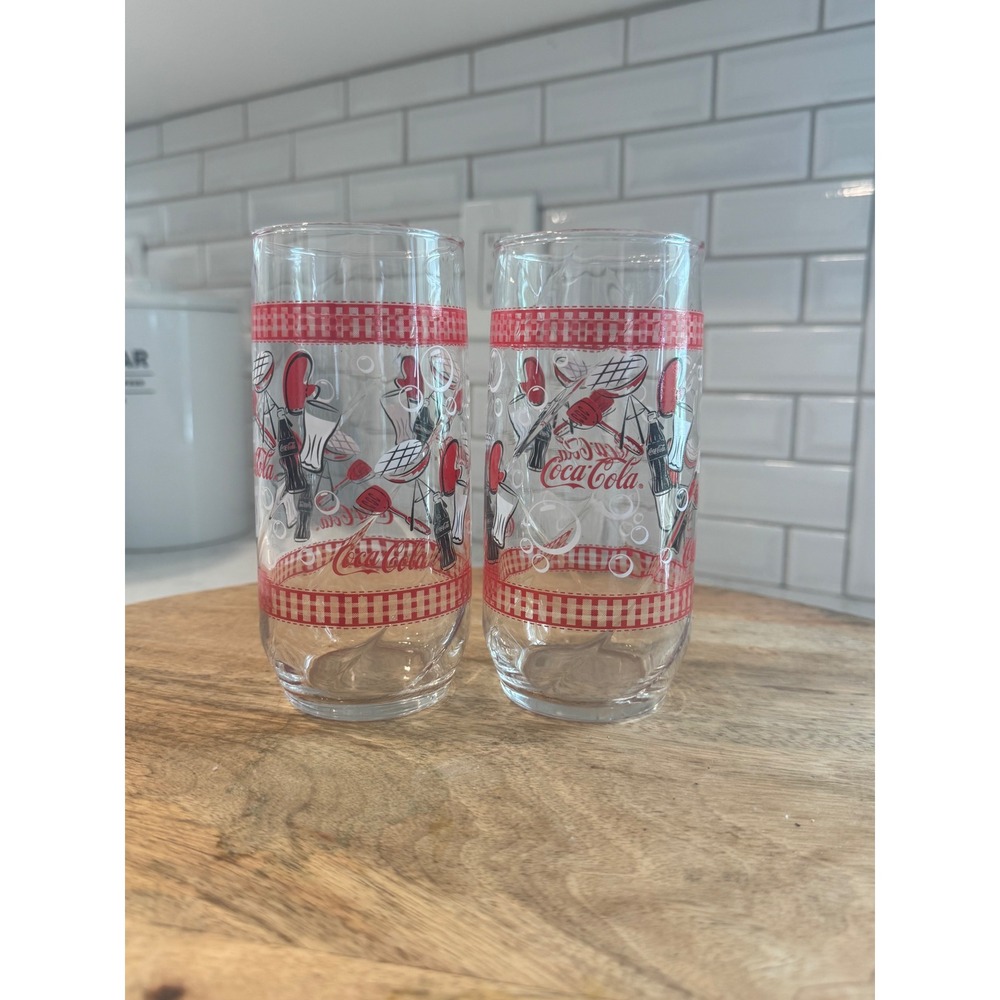 Vintage Coca-Cola Drinking Glasses Set of 2 Red Black BBQ Picnic Theme Tumblers